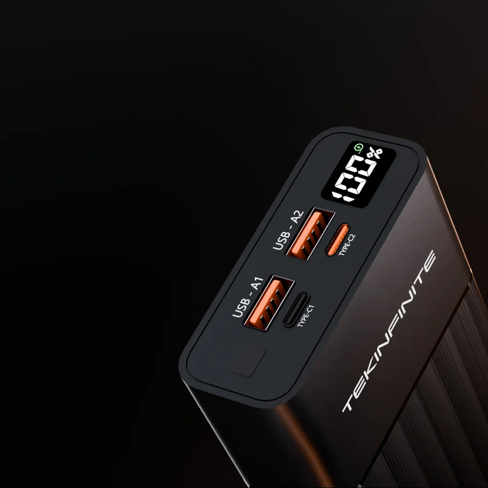 Close-up of PowerPulse 20K USB ports and digital battery display