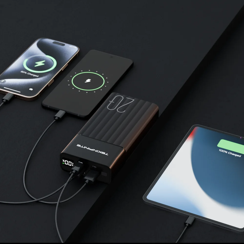 PowerPulse 20K connected by three cables to two phones and a tablet