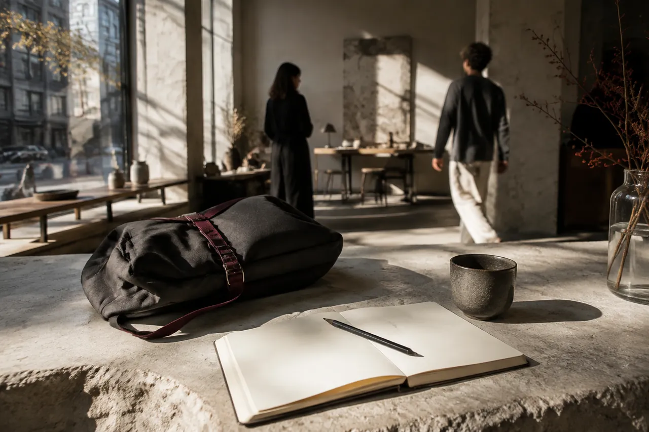 Sunlit creative space with a notebook and daypack as people move through their day