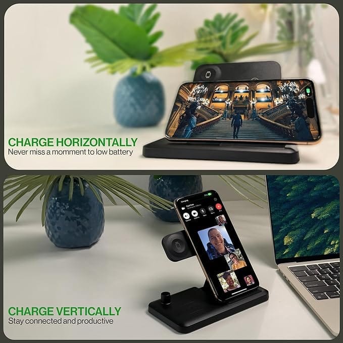 Charging station shown with portrait and landscape phone positions
