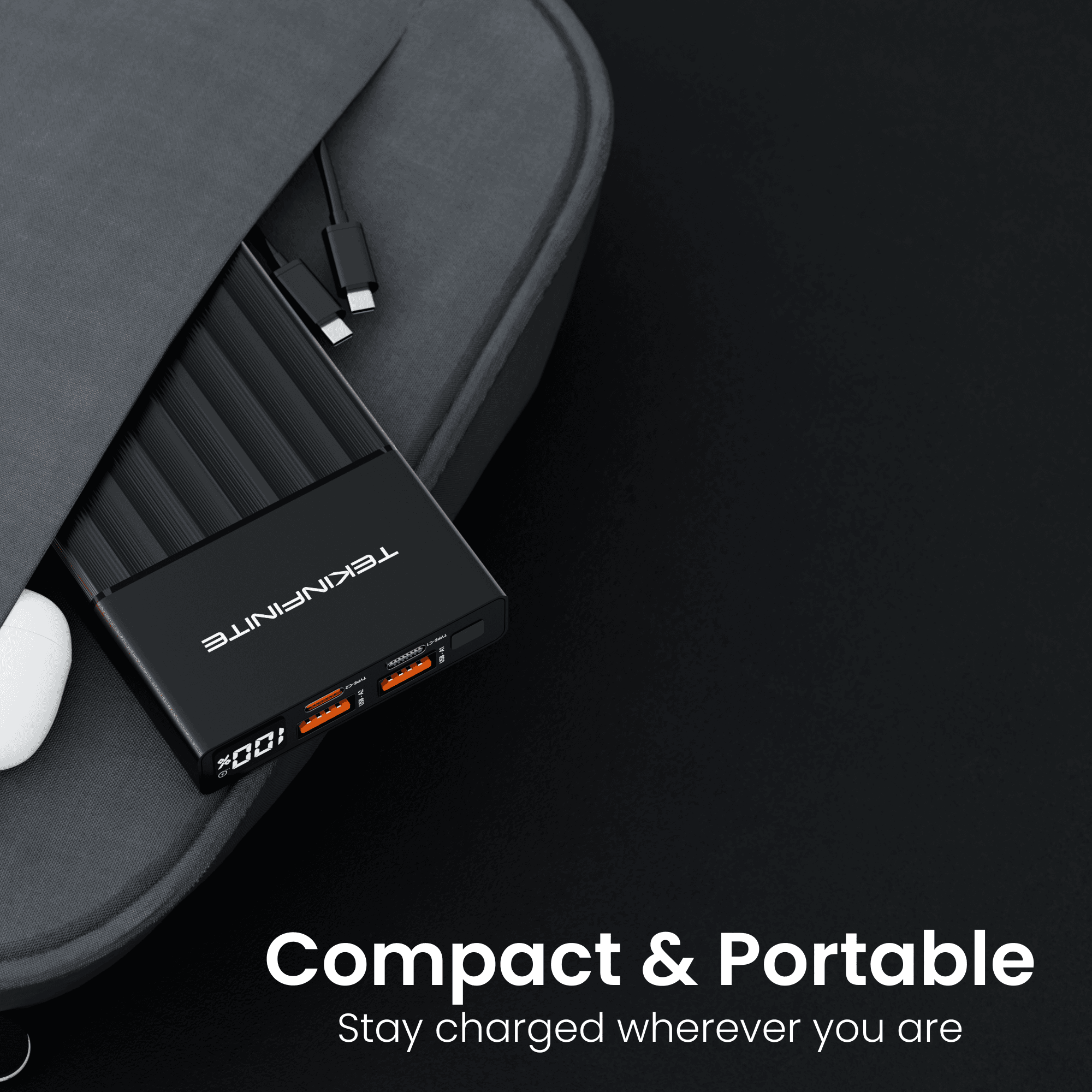 TEKINFINITE PowerPulse10K 10000mAh Power Bank with a sleek, compact design that fits effortlessly into a laptop bag for travel and everyday use.