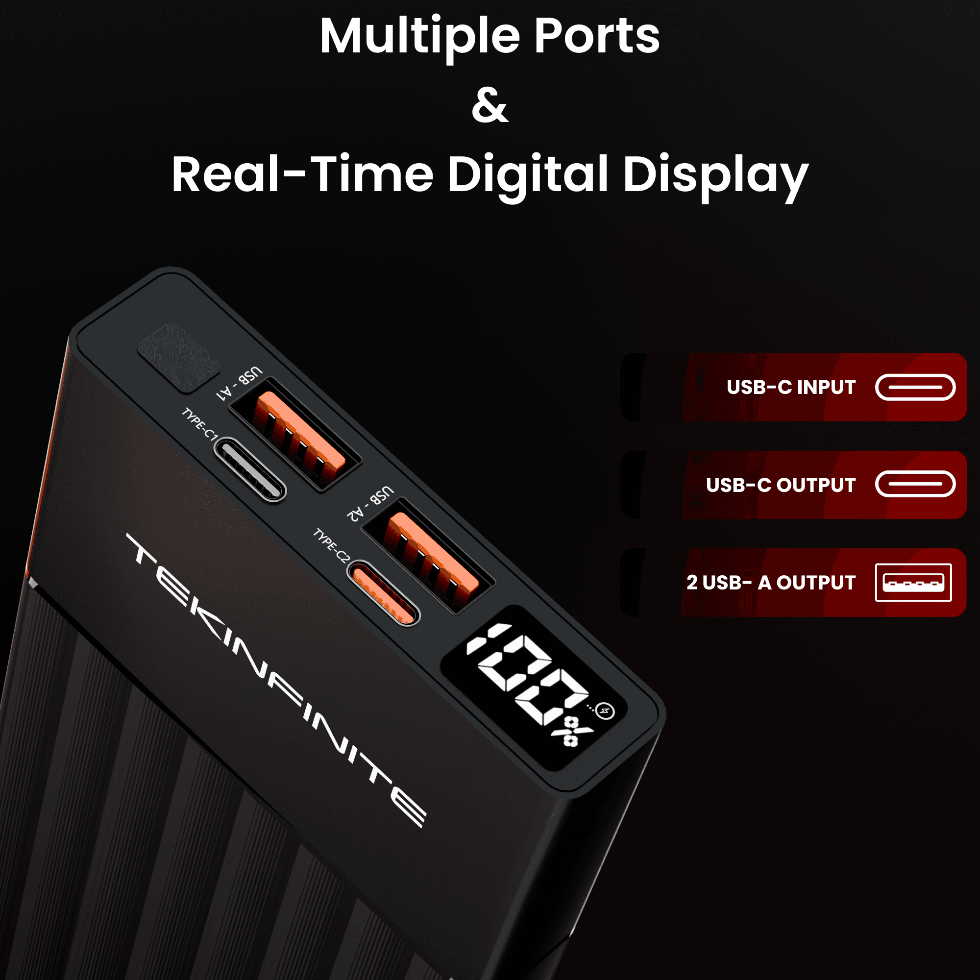 TEKINFINITE PowerPulse10K 10000mAh Portable Power Bank with a smart digital display, dual USB-C ports, and two USB-A ports for versatile charging.